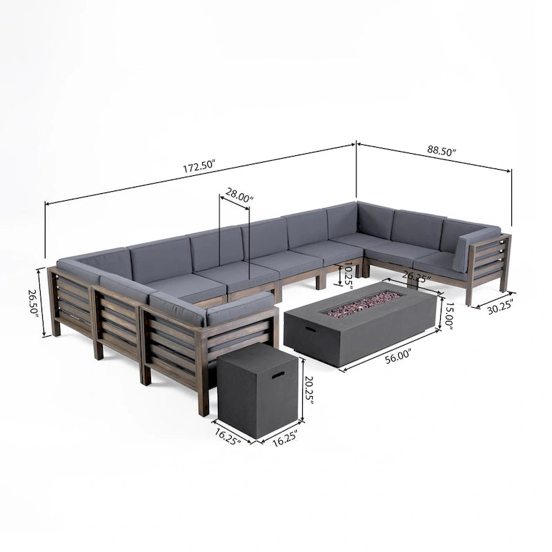 Ensemble de canapés modulaires d'extérieur en bois d'acacia en forme de U de 12 pièces Oana avec foyer de Christopher Knight Home