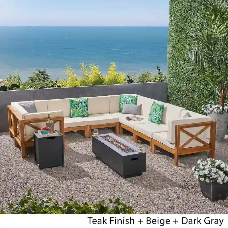 Thasos Canapé d'angle en U 8 places en bois d'acacia avec foyer par Christopher Knight Home