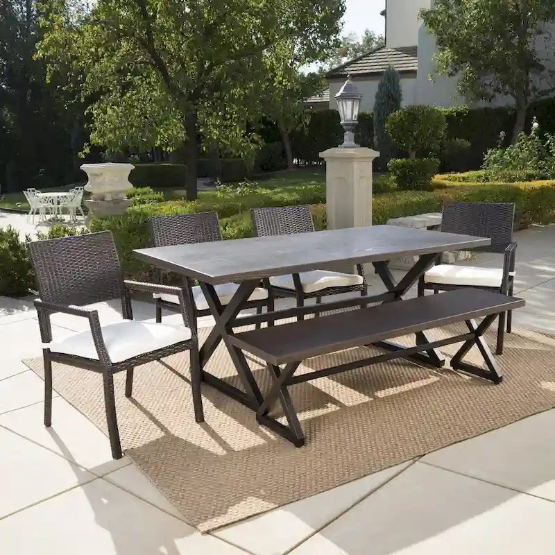 Ensemble de salle à manger d'extérieur rectangulaire 6 pièces en osier et aluminium avec coussins Sherman Oaks par Christopher Knight Home