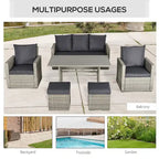 Outsunny Ensemble de 6 pièces de salle à manger de patio extérieur, ensemble de meubles de chaise de canapé en rotin PE tout temps, intérieur/extérieur avec coussins