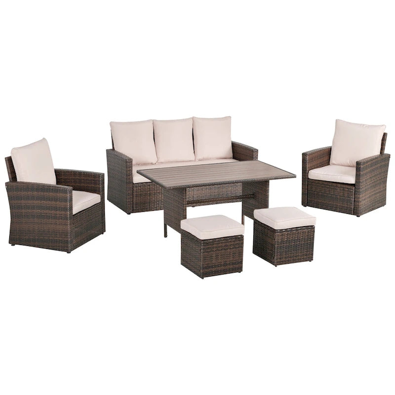Outsunny Ensemble de 6 pièces de salle à manger de patio extérieur, ensemble de meubles de chaise de canapé en rotin PE tout temps, intérieur/extérieur avec coussins