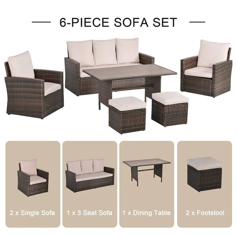 Outsunny Ensemble de 6 pièces de salle à manger de patio extérieur, ensemble de meubles de chaise de canapé en rotin PE tout temps, intérieur/extérieur avec coussins