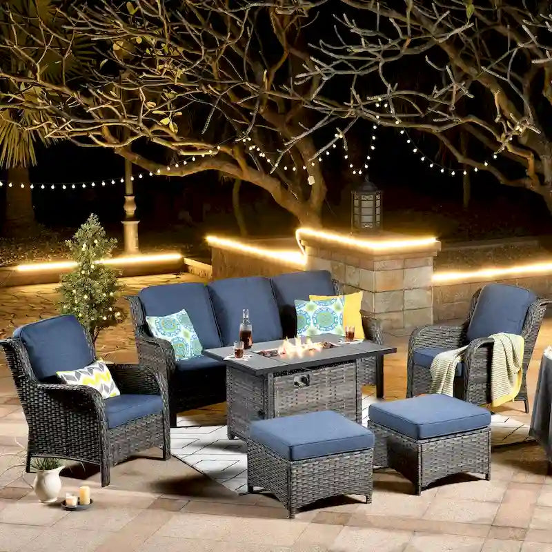 OVIOS Ensemble de mobilier de patio en osier gris 6 pièces avec brasero rectangulaire