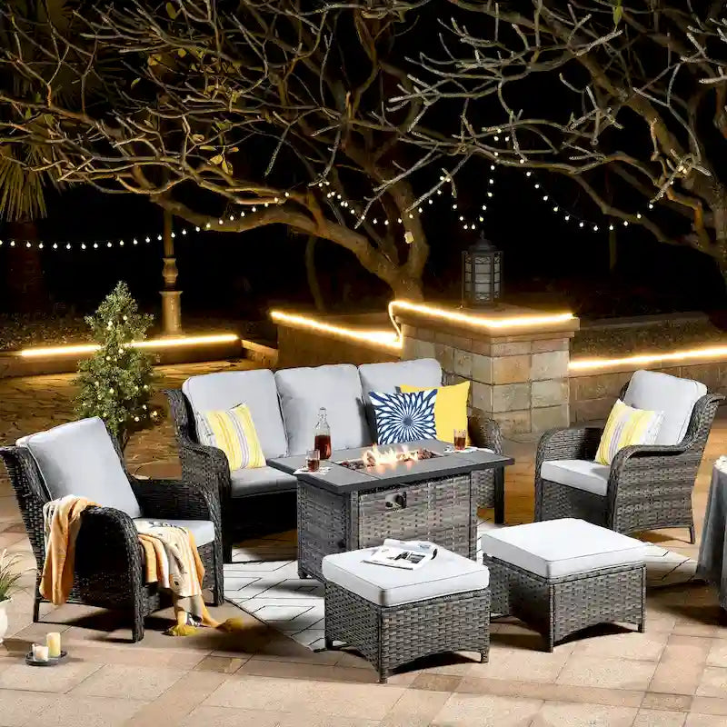 OVIOS Ensemble de mobilier de patio en osier gris 6 pièces avec brasero rectangulaire
