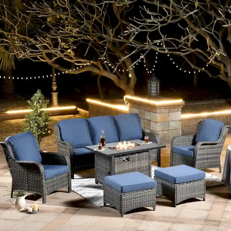 OVIOS Ensemble de mobilier de patio en osier gris 6 pièces avec brasero rectangulaire