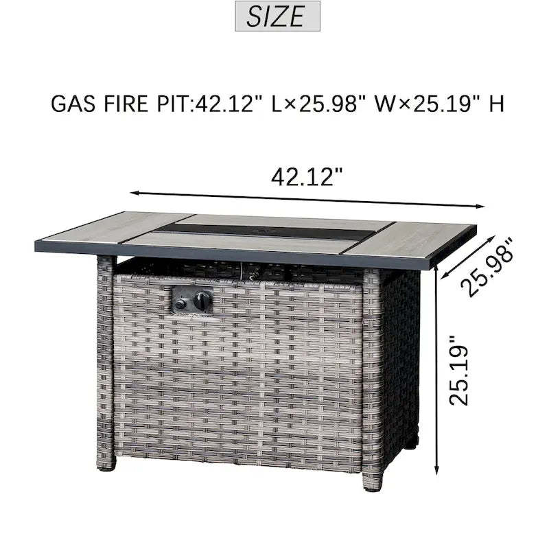 OVIOS Ensemble de mobilier de patio en osier gris 6 pièces avec brasero rectangulaire