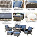 OVIOS Ensemble de mobilier de patio en osier gris 6 pièces avec brasero rectangulaire