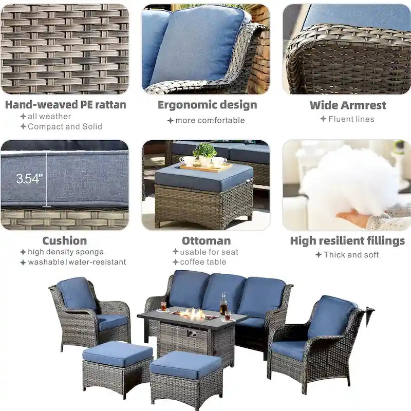 OVIOS Ensemble de mobilier de patio en osier gris 6 pièces avec brasero rectangulaire