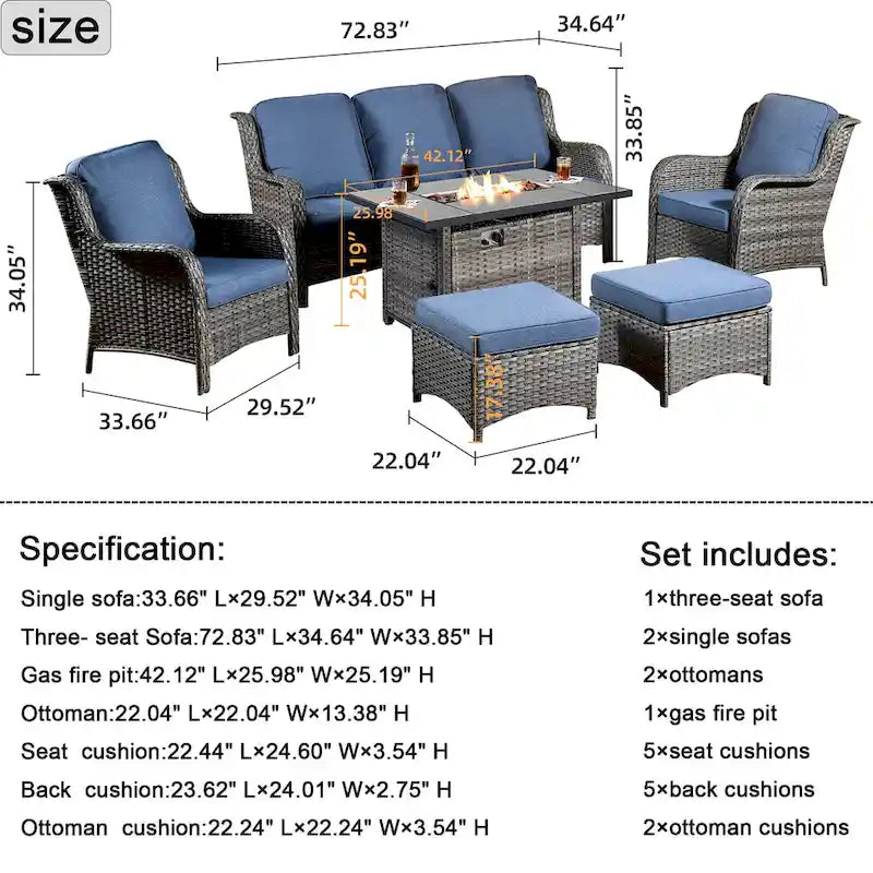 OVIOS Ensemble de mobilier de patio en osier gris 6 pièces avec brasero rectangulaire