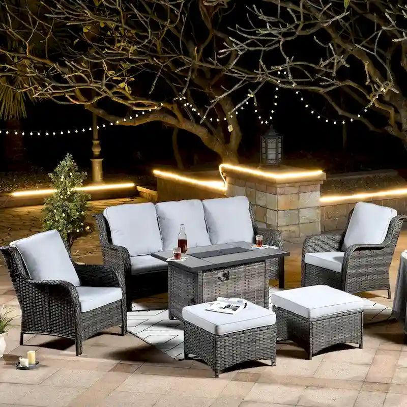 OVIOS Ensemble de mobilier de patio en osier gris 6 pièces avec brasero rectangulaire