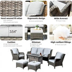 OVIOS Ensemble de mobilier de patio en osier gris 6 pièces avec brasero rectangulaire