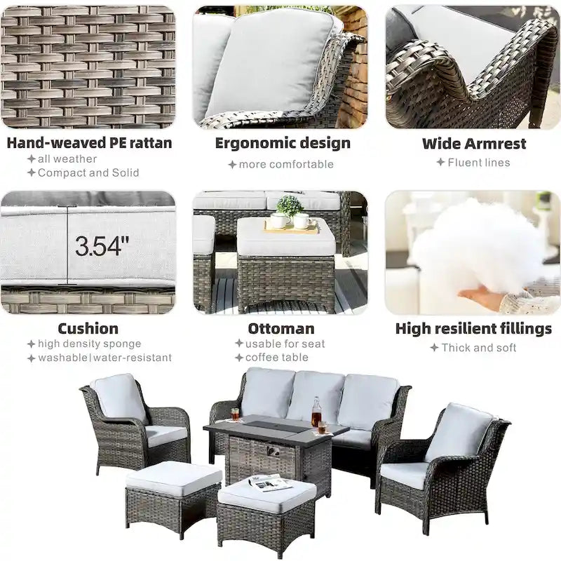 OVIOS Ensemble de mobilier de patio en osier gris 6 pièces avec brasero rectangulaire