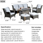 OVIOS Ensemble de mobilier de patio en osier gris 6 pièces avec brasero rectangulaire