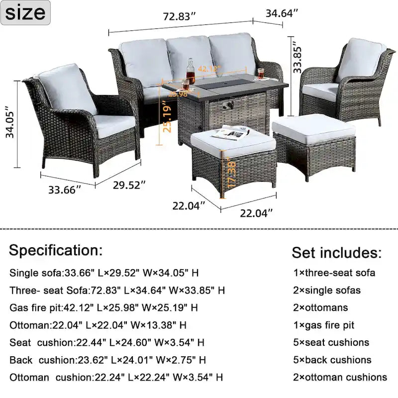 OVIOS Ensemble de mobilier de patio en osier gris 6 pièces avec brasero rectangulaire