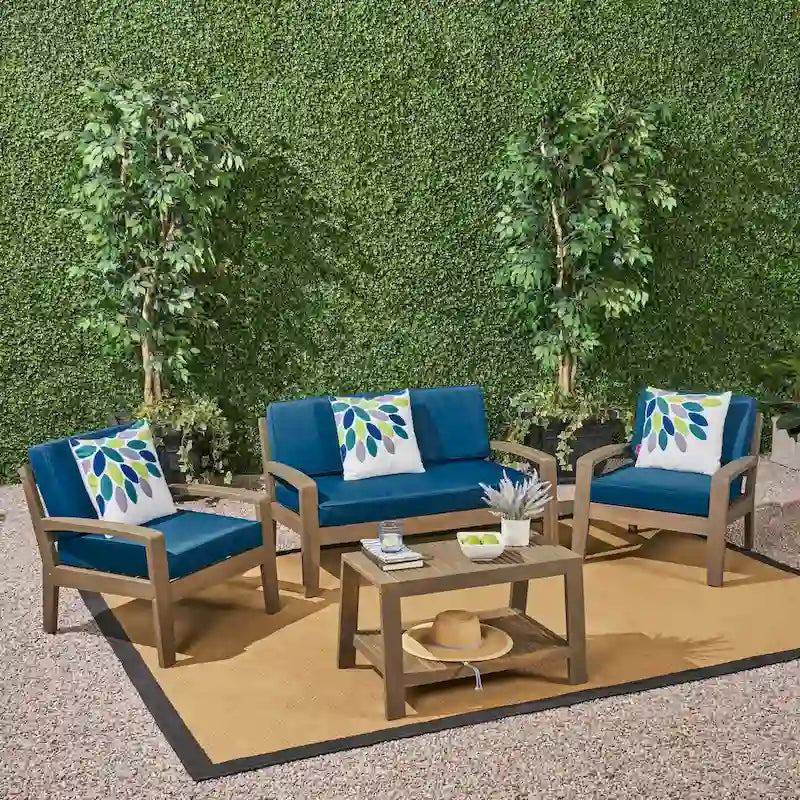 Ensemble de conversation d'extérieur 4 pièces en bois Grenada avec coussins par Christopher Knight Home