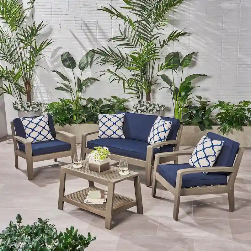 Ensemble de conversation d'extérieur 4 pièces en bois Grenada avec coussins par Christopher Knight Home