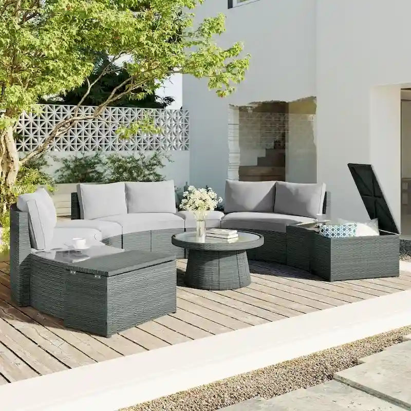 Abrihome Ensemble de 10 pièces de canapé en rotin pour l'extérieur, sectionnel semi-circulaire, gris clair