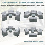 Abrihome Ensemble de 10 pièces de canapé en rotin pour l'extérieur, sectionnel semi-circulaire, gris clair