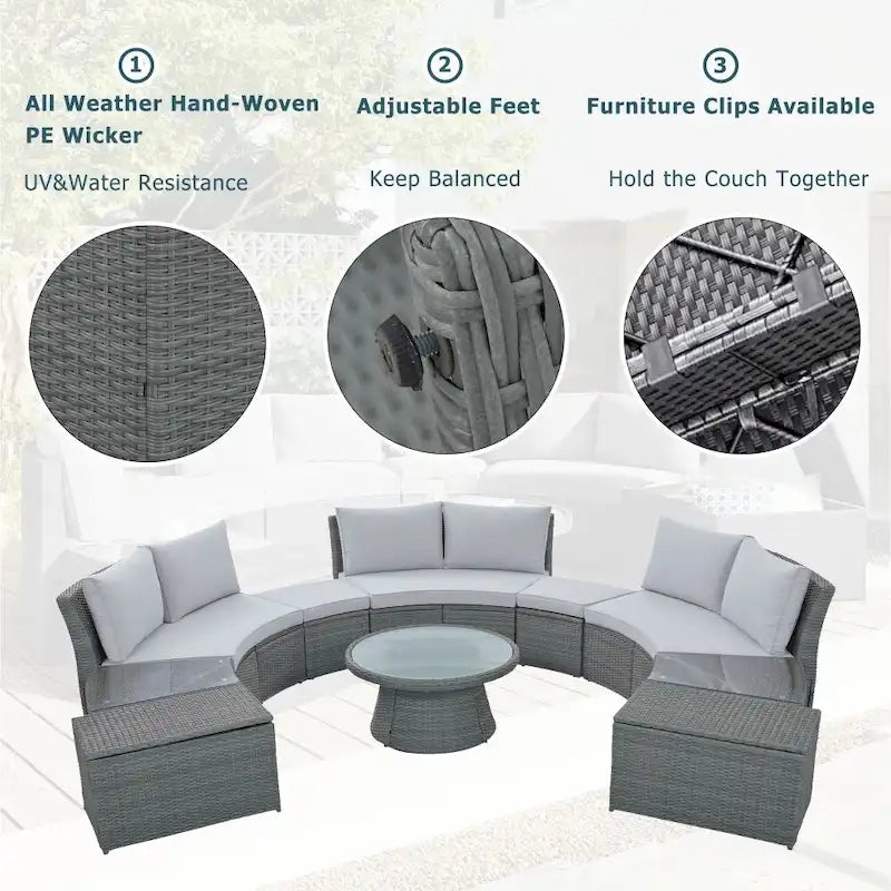 Abrihome Ensemble de 10 pièces de canapé en rotin pour l'extérieur, sectionnel semi-circulaire, gris clair