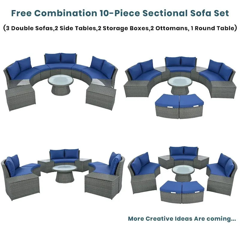 Abrihome Ensemble de 10 pièces de canapé en rotin pour l'extérieur, sectionnel semi-circulaire, gris clair