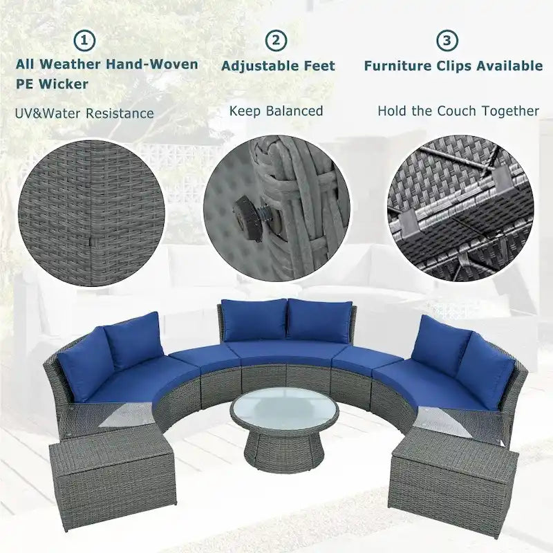 Abrihome Ensemble de 10 pièces de canapé en rotin pour l'extérieur, sectionnel semi-circulaire, gris clair