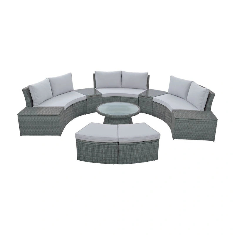 Abrihome Ensemble de 10 pièces de canapé en rotin pour l'extérieur, sectionnel semi-circulaire, gris clair
