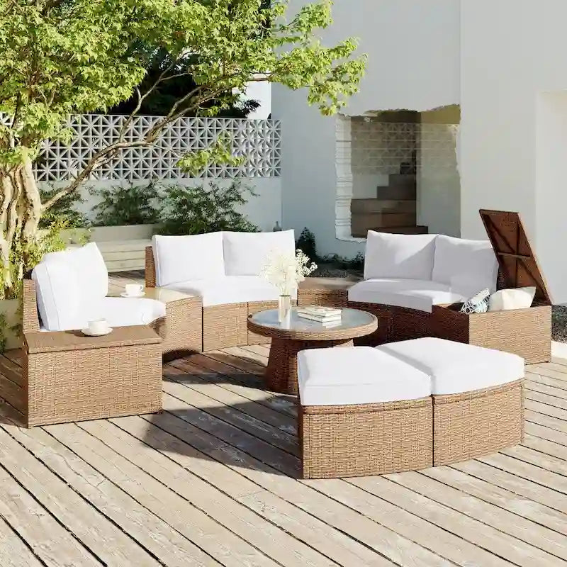 Abrihome Ensemble de 10 pièces de canapé en rotin pour l'extérieur, sectionnel semi-circulaire, gris clair