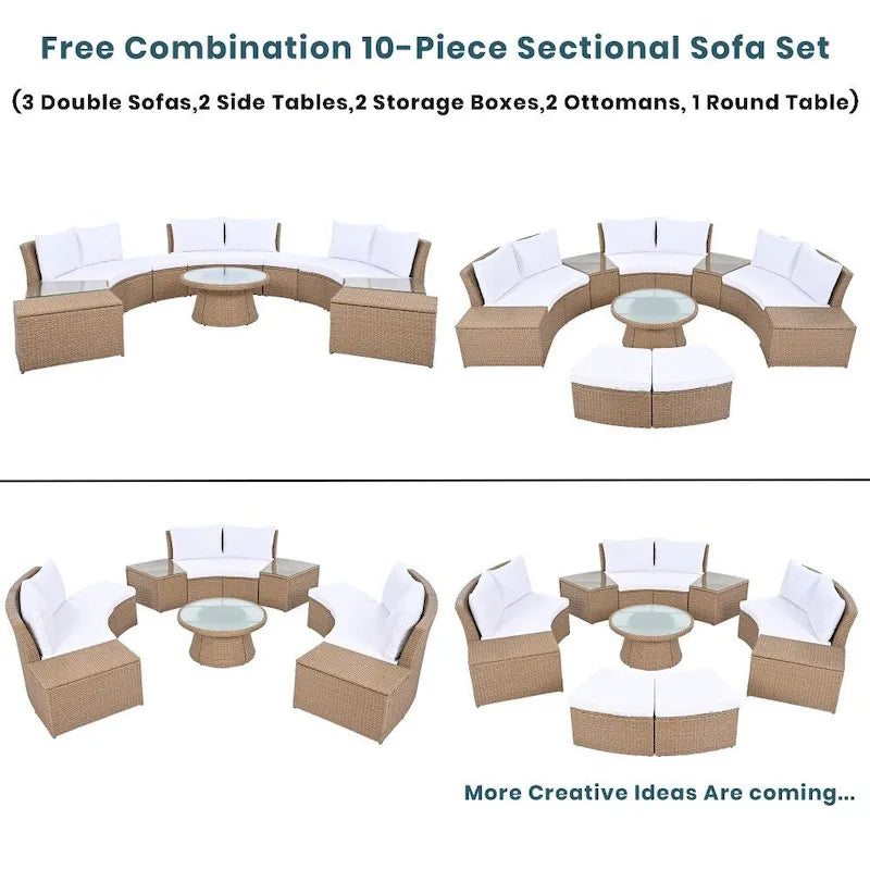 Abrihome Ensemble de 10 pièces de canapé en rotin pour l'extérieur, sectionnel semi-circulaire, gris clair