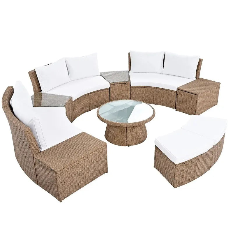Abrihome Ensemble de 10 pièces de canapé en rotin pour l'extérieur, sectionnel semi-circulaire, gris clair