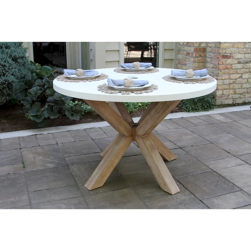 Table à manger Cordelia 48 en composite ivoire avec 4 chaises en corde de blé