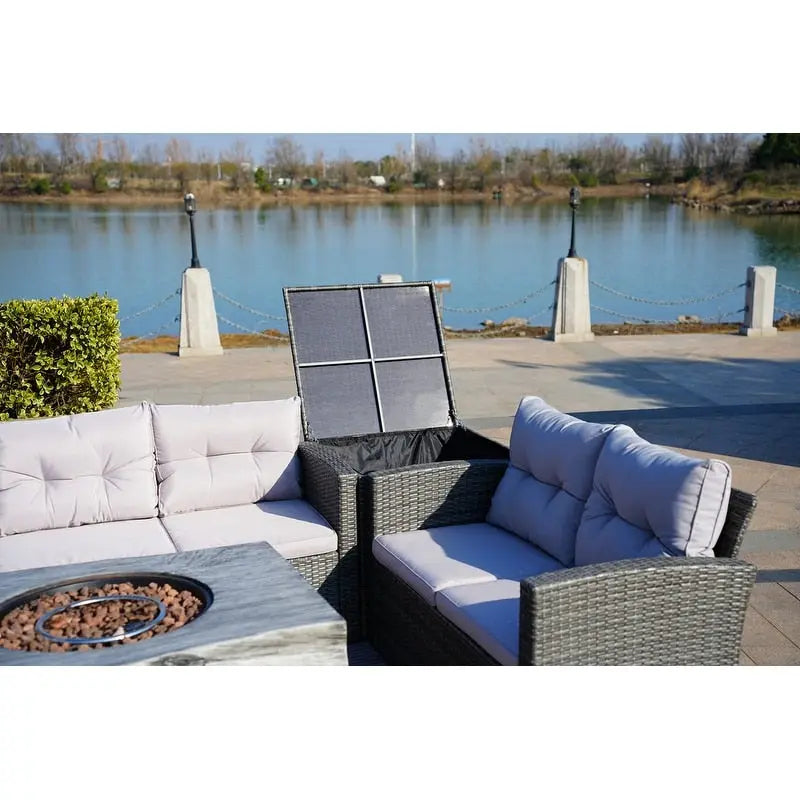 Ensemble de salon de jardin 7 pièces en osier avec table brasero