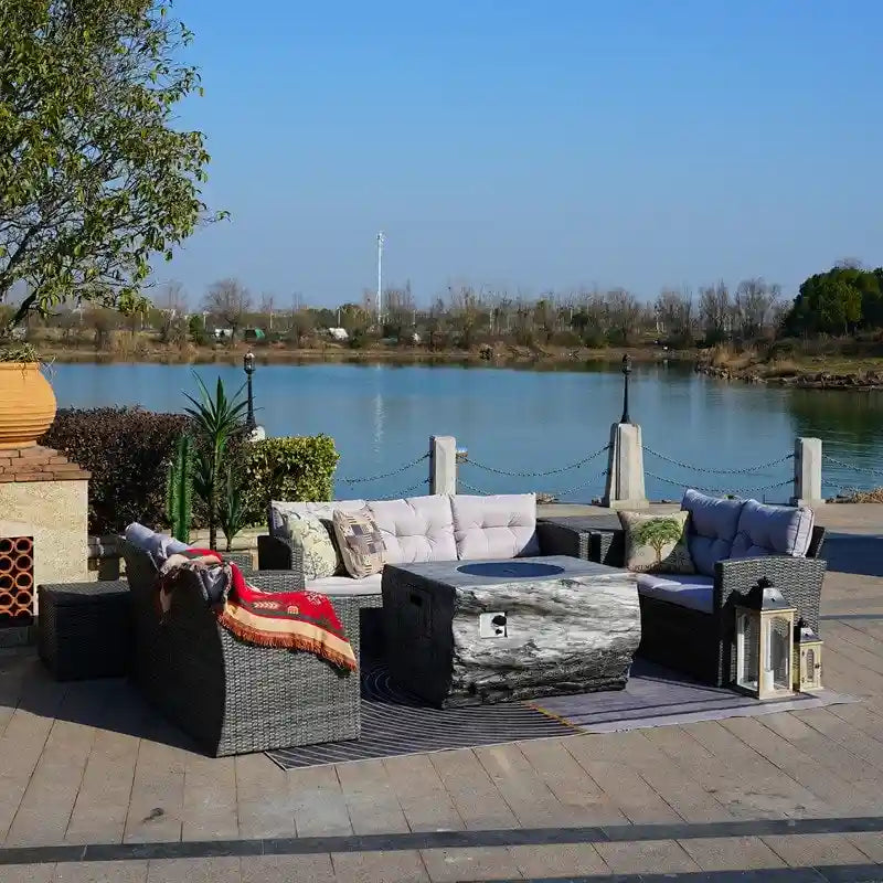 Ensemble de salon de jardin 7 pièces en osier avec table brasero
