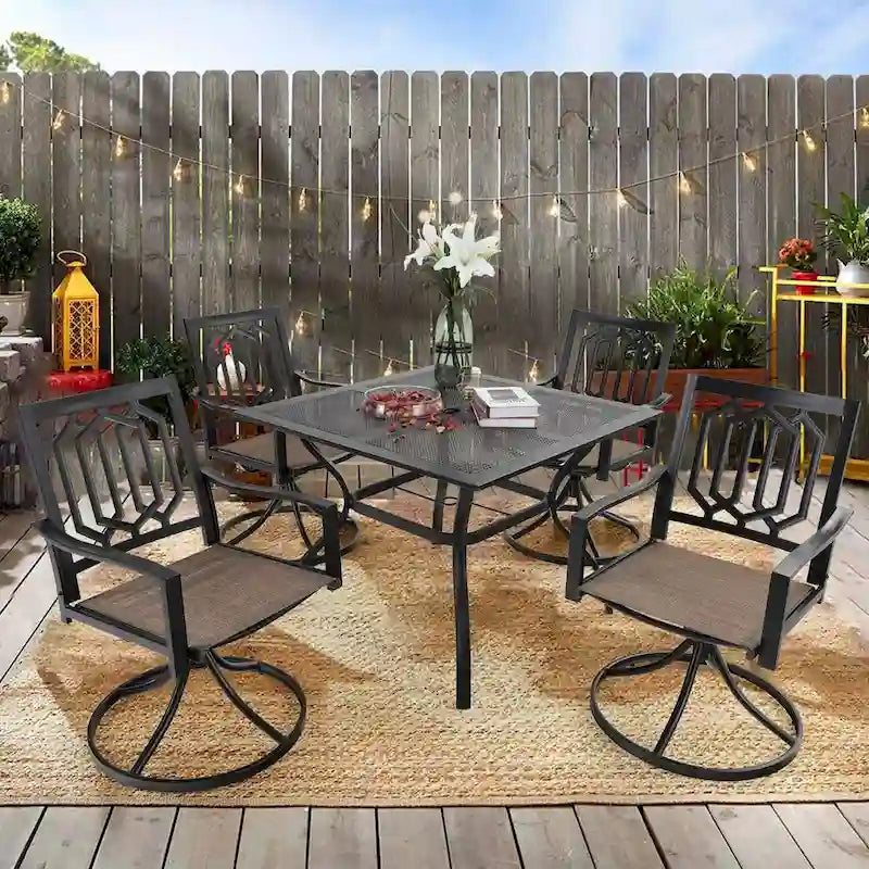 MFSTUDIO 5-Piece Patio Dining Set, 4 Sling Swivel Chairs and Multi Role Metal 37inch Square Table with 1.57 Umbrella Hole