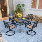 MFSTUDIO Ensemble de salle à manger de patio 5 pièces, 4 chaises pivotantes en tissu et table carrée en métal multi-usages de 94 cm avec trou pour parasol de 4 cm