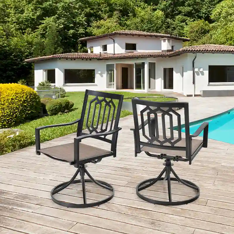MFSTUDIO Ensemble de salle à manger de patio 5 pièces, 4 chaises pivotantes en tissu et table carrée en métal multi-usages de 94 cm avec trou pour parasol de 4 cm