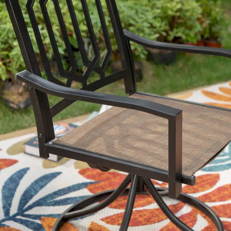 MFSTUDIO Ensemble de salle à manger de patio 5 pièces, 4 chaises pivotantes en tissu et table carrée en métal multi-usages de 94 cm avec trou pour parasol de 4 cm
