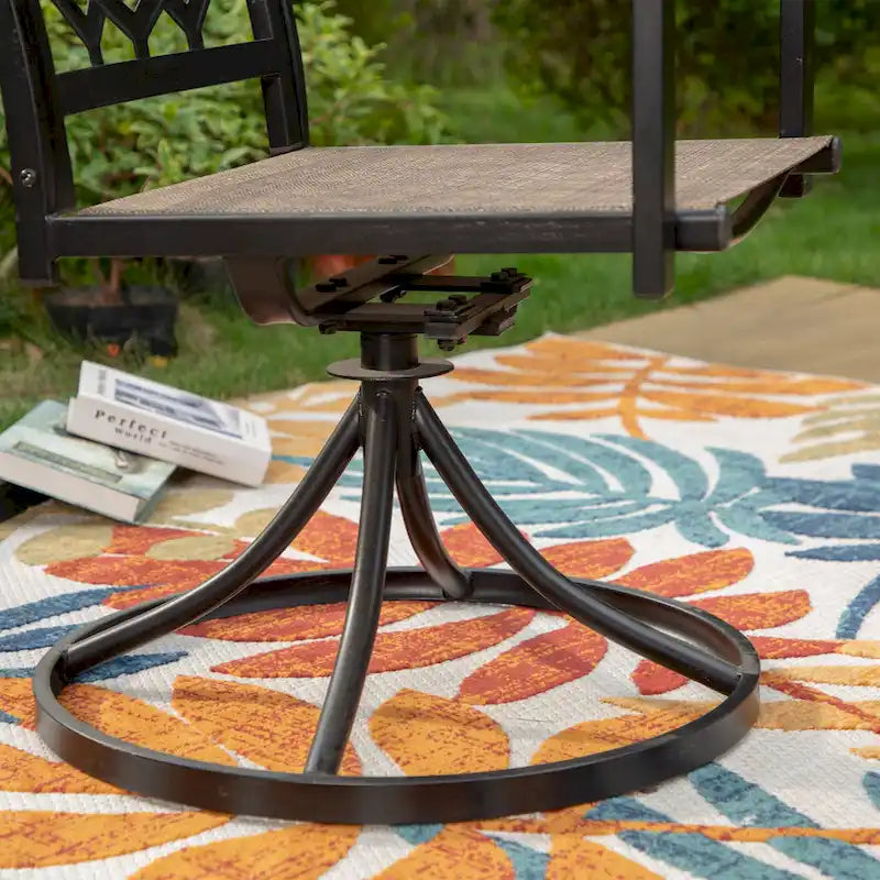 MFSTUDIO Ensemble de salle à manger de patio 5 pièces, 4 chaises pivotantes en tissu et table carrée en métal multi-usages de 94 cm avec trou pour parasol de 4 cm