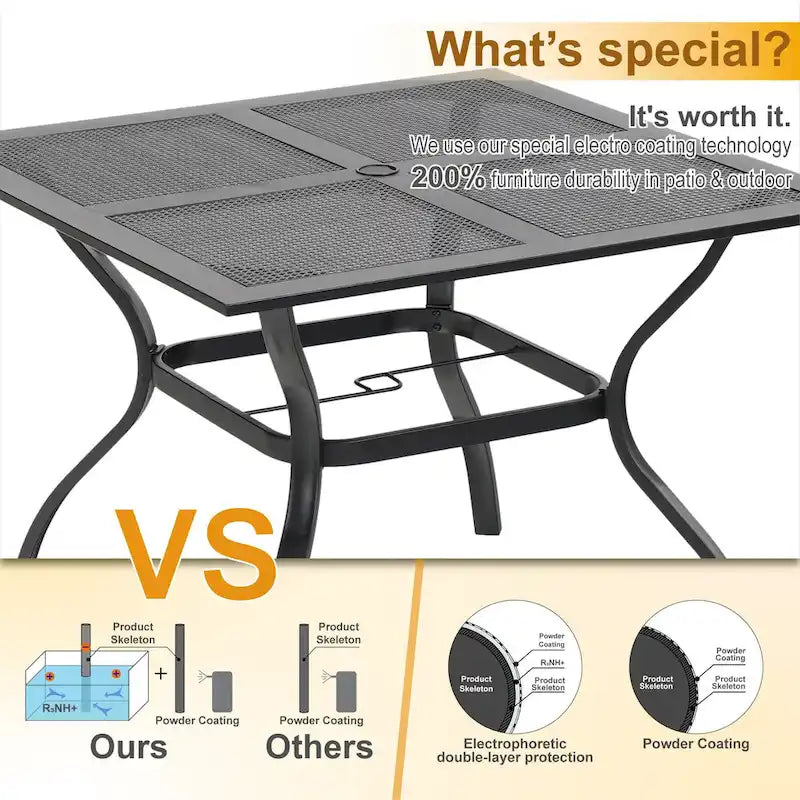 MFSTUDIO Ensemble de salle à manger de patio 5 pièces, 4 chaises pivotantes en tissu et table carrée en métal multi-usages de 94 cm avec trou pour parasol de 4 cm