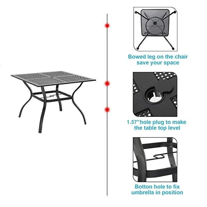 MFSTUDIO Ensemble de salle à manger de patio 5 pièces, 4 chaises pivotantes en tissu et table carrée en métal multi-usages de 94 cm avec trou pour parasol de 4 cm