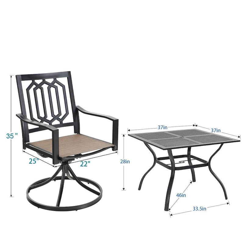 MFSTUDIO Ensemble de salle à manger de patio 5 pièces, 4 chaises pivotantes en tissu et table carrée en métal multi-usages de 94 cm avec trou pour parasol de 4 cm