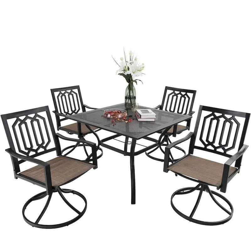 MFSTUDIO Ensemble de salle à manger de patio 5 pièces, 4 chaises pivotantes en tissu et table carrée en métal multi-usages de 94 cm avec trou pour parasol de 4 cm