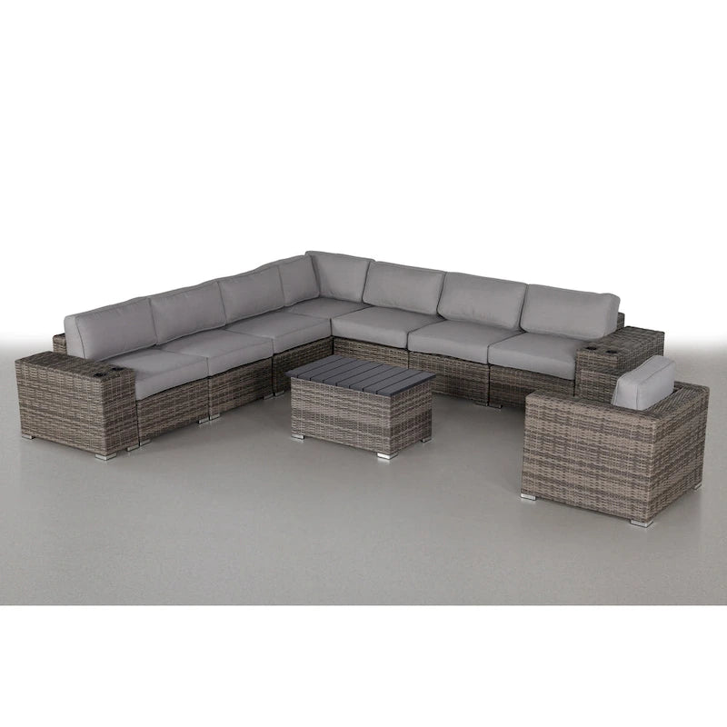LSI Wicker 7 - Salon de jardin 7 places en osier avec coussins
