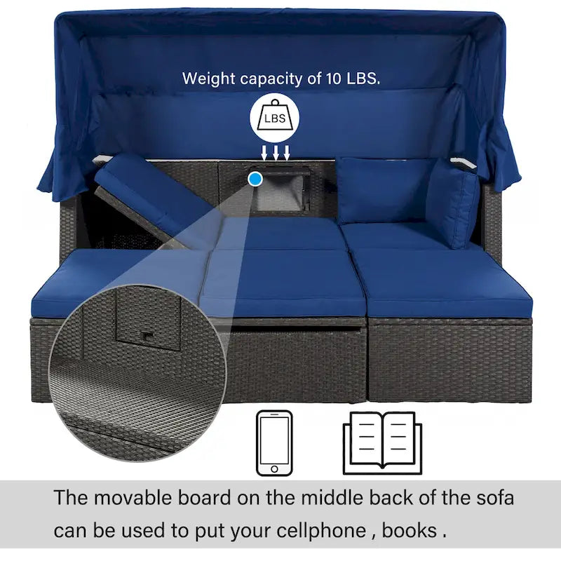 HOMEFUN Lit de Repos Extérieur Rectangulaire en Rotin Osier avec Auvent Rétractable