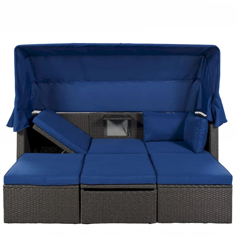 HOMEFUN Lit de Repos Extérieur Rectangulaire en Rotin Osier avec Auvent Rétractable