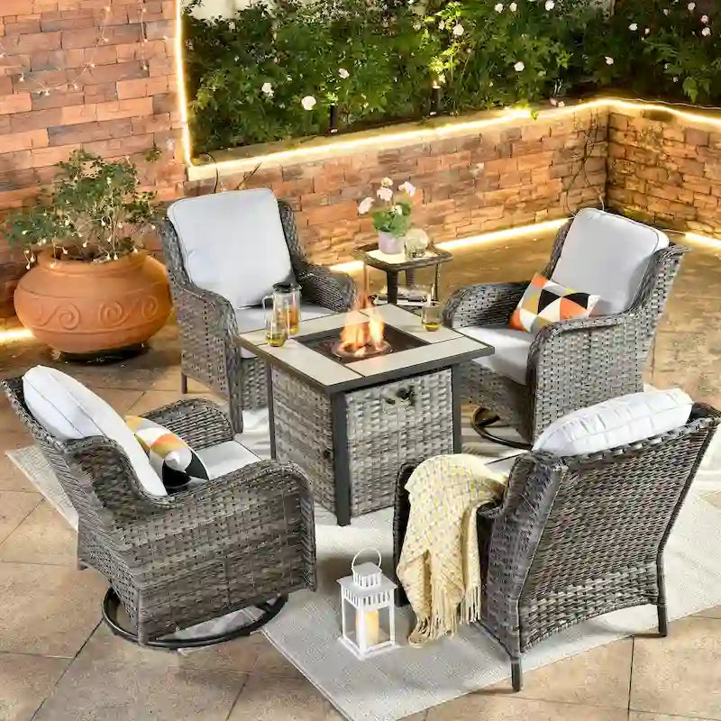 Ensemble de mobilier de patio OVIOS gris en osier 6 pièces avec fauteuil pivotant à bascule et brasero