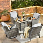 Ensemble de mobilier de patio OVIOS gris en osier 6 pièces avec fauteuil pivotant à bascule et brasero