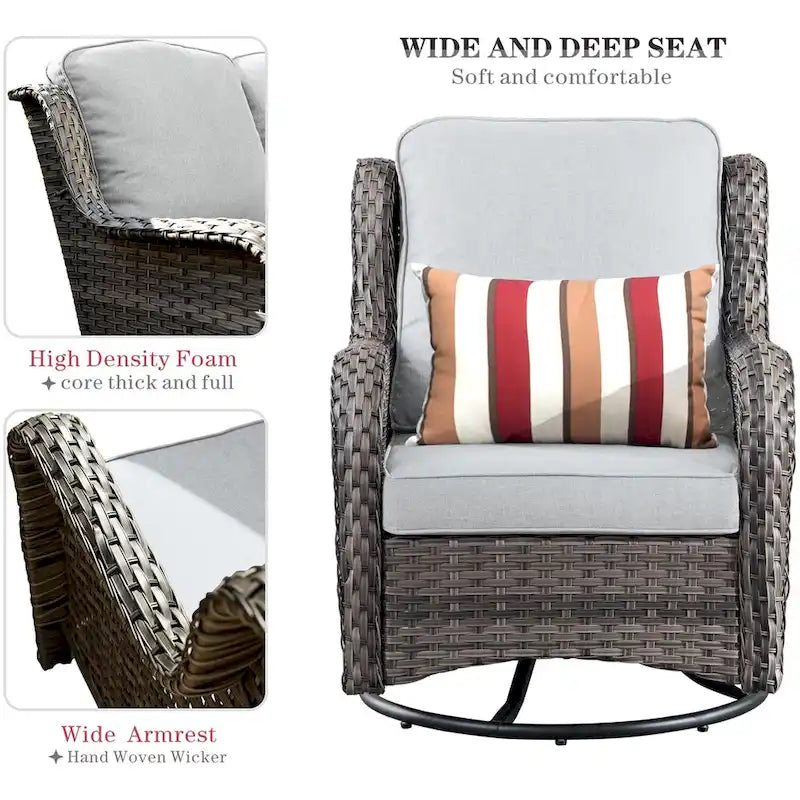 Ensemble de mobilier de patio OVIOS gris en osier 6 pièces avec fauteuil pivotant à bascule et brasero