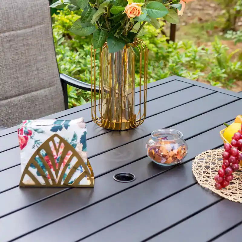 MAISON ARTS Ensemble repas de patio 7 ou 5 pièces avec chaises rembourrées en textilène à accoudoirs ondulés et table en métal
