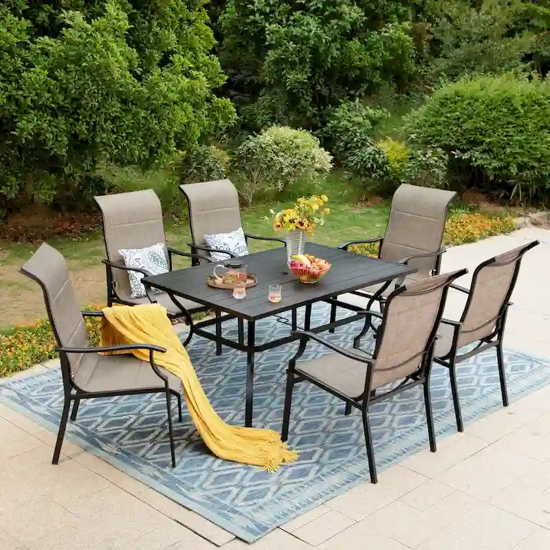 MAISON ARTS Ensemble repas de patio 7 ou 5 pièces avec chaises rembourrées en textilène à accoudoirs ondulés et table en métal