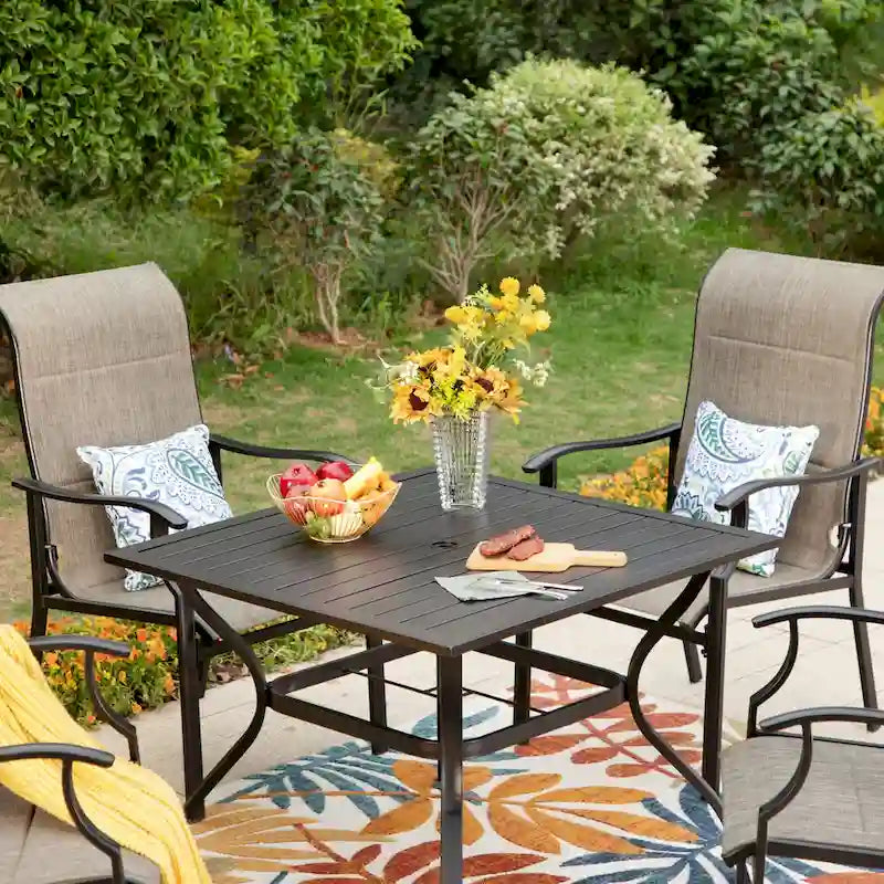 MAISON ARTS Ensemble repas de patio 7 ou 5 pièces avec chaises rembourrées en textilène à accoudoirs ondulés et table en métal